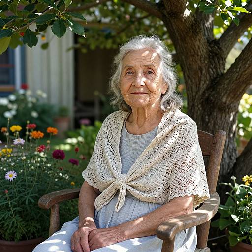 Photograph of an elderly woman with white hair, wearing a knitted cream shawl and white dress, seated in a garden, surrounded by colorful flowers