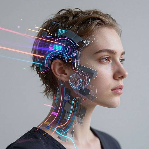 Digital artwork of a young woman with short brown hair, wearing a black top, featuring glowing, colorful circuitry and neon lines on her neck and head