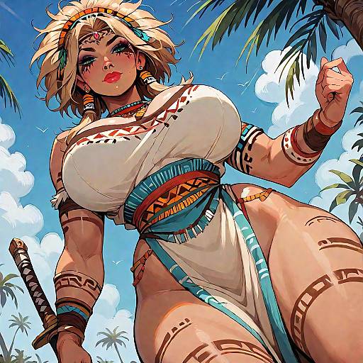 Digital anime-style drawing of a curvy, tan-skinned warrior woman with large breasts, tribal tattoos, and a white outfit, standing under a clear
