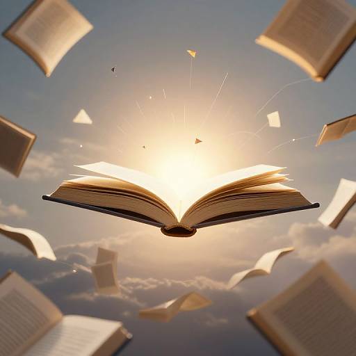 Photograph of an open book glowing at the center, surrounded by floating, open pages against a bright, cloudy sky.