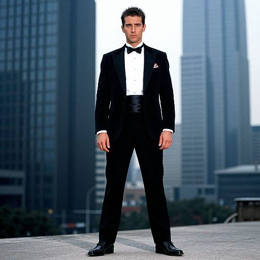Photograph of a handsome man in a black tuxedo with white shirt and black bow tie, standing confidently in front of a cityscape with tall