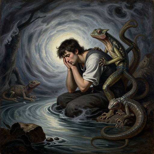 Digital painting: Miserable young man with dark hair, white shirt, and black pants kneels by a mystical, glowing water pool, surrounded by