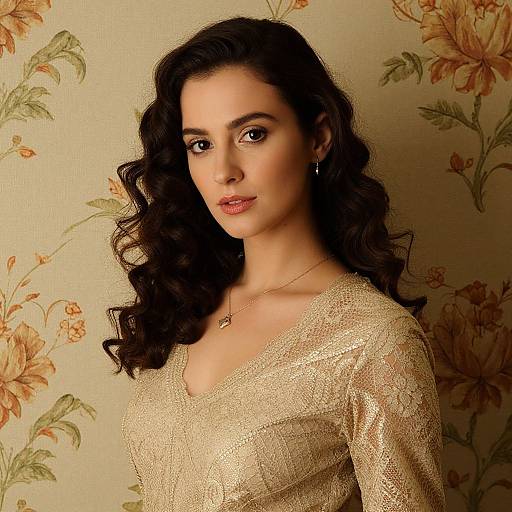 Photograph of a beautiful woman with dark curly hair, wearing a gold lace top, against a floral-patterned beige background.