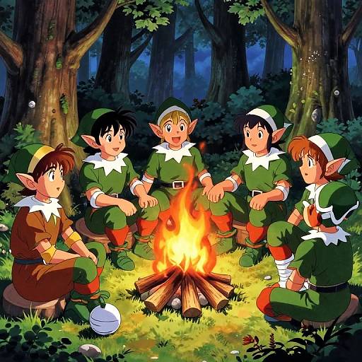 Elves Resting Around Campfire in Forest