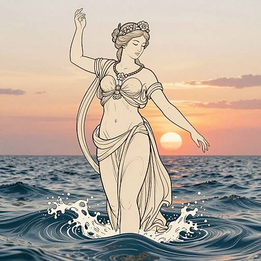 Digital illustration of a graceful, fair-skinned woman with a flower crown, wearing a flowing, draped bikini, dancing in ocean waves at sunset.