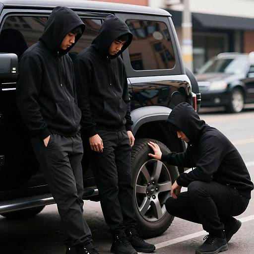 Mysterious Figures by Black SUV at Night