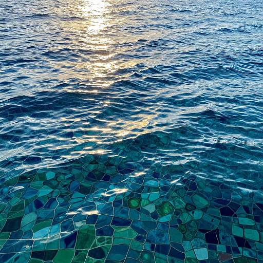Photograph of rippling water at sunset, with sunlight reflecting off the surface, casting shimmering golden and blue hues on a mosaic-tiled seabed