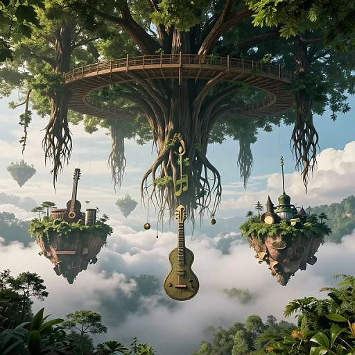 Fantasy CGI image of a giant tree with a floating wooden platform, guitar, and two floating village structures amidst clouds.