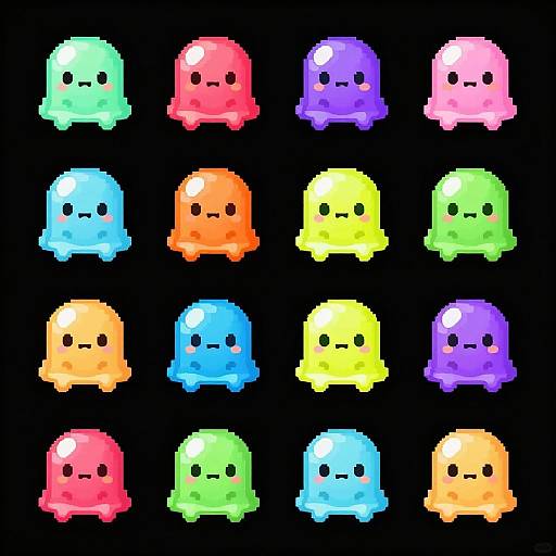 Pixel art grid of 16 colorful, blob-like creatures with black eyes and small smiles, each in a different vibrant color.