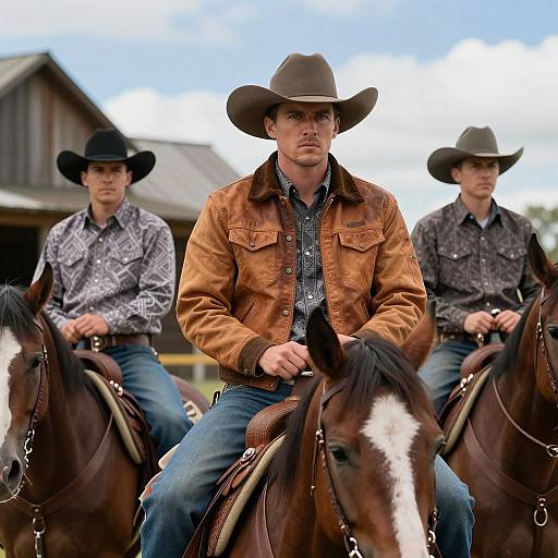 Cowboys on Horses in Rustic Landscape