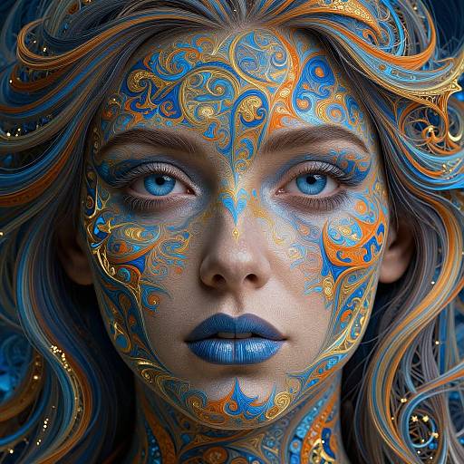 Photograph of a woman with blue and orange intricate facial paint, matching blue lips, and wavy hair, set against a dark background. Her intense