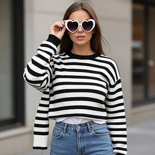 Photograph of a young woman with long brown hair, wearing black-and-white striped sweater, high-waisted blue jeans, and white heart-shaped sunglasses