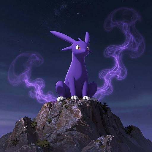 Digital artwork of a large, purple, rabbit-like creature with glowing red eyes and white paws, sitting on a rocky peak, surrounded by swirling purple
