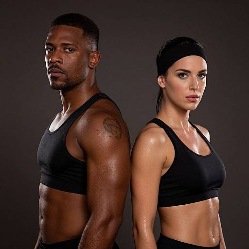 Photograph of a muscular Black man and a fit White woman, both wearing black sports bras, standing back-to-back with glistening skin against a dark