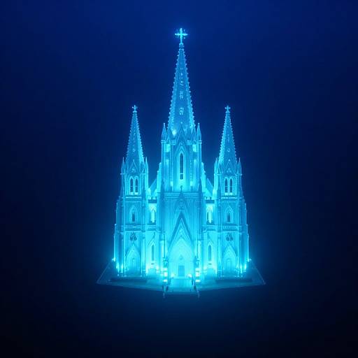Photograph of a glowing blue ice sculpture of a Gothic-style cathedral with three pointed spires and intricate details, set against a dark blue background.