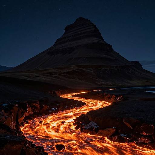 Photograph of a dark, jagged volcanic mountain under a starry night sky, illuminated by a glowing, orange river of lava winding through rocky terrain