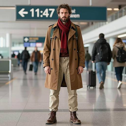 Man in Brown Trench Coat Standing in Airport