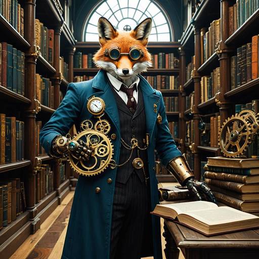 Steampunk Fox Author in Vintage Library