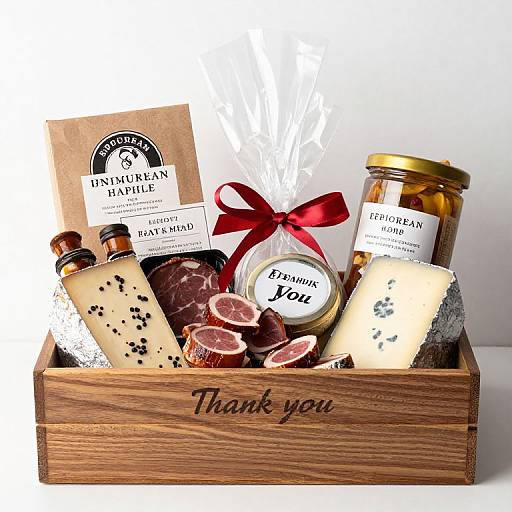 Gourmet gift box with cheese, artisanal jar, ham slices, label, and red ribbon, labeled 