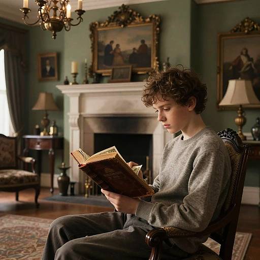 Old Money Boy Reading by Fireplace