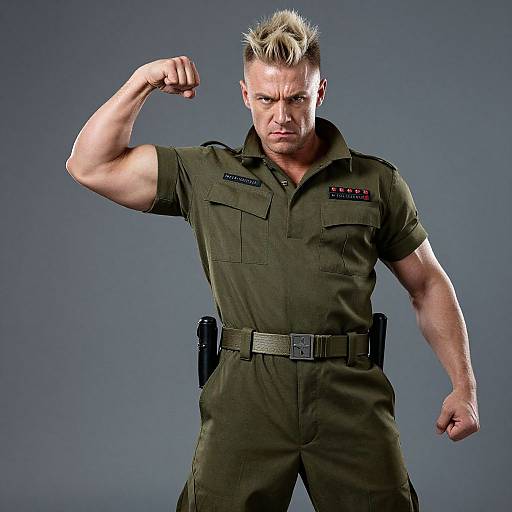 Photograph of a muscular, blond, white man with a mohawk, flexing his right bicep in an olive green military uniform against a