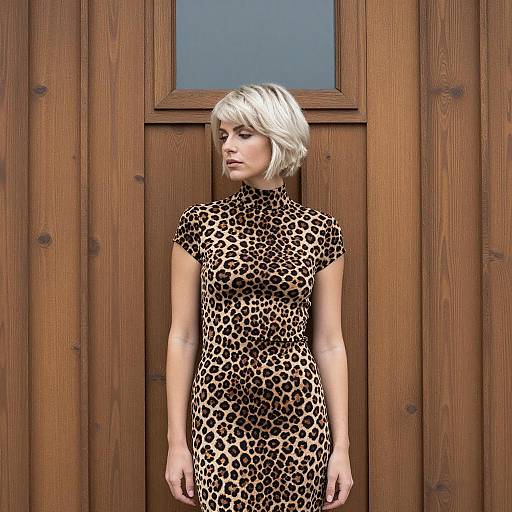 Platinum Blonde Woman in Leopard Print Dress