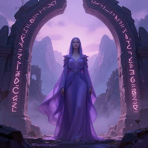 Digital fantasy artwork of a mystical, purple-robed woman standing in an ancient, ruined archway with glowing runes, against a misty mountain backdrop.