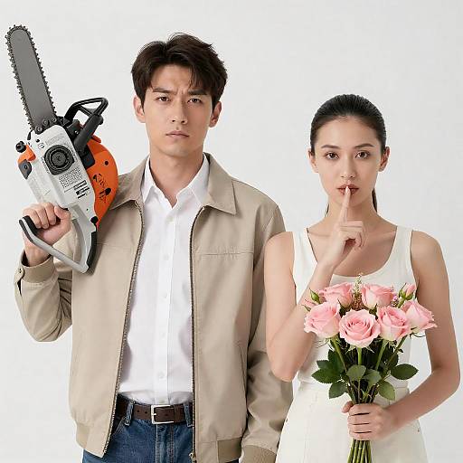 Man with Chainsaw and Woman with Flowers