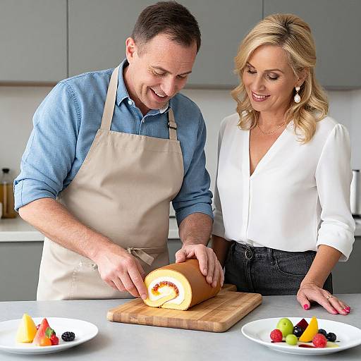 Photograph of a smiling, fair-skinned man with short brown hair, wearing a blue shirt and beige apron, slicing a loaf of bread with