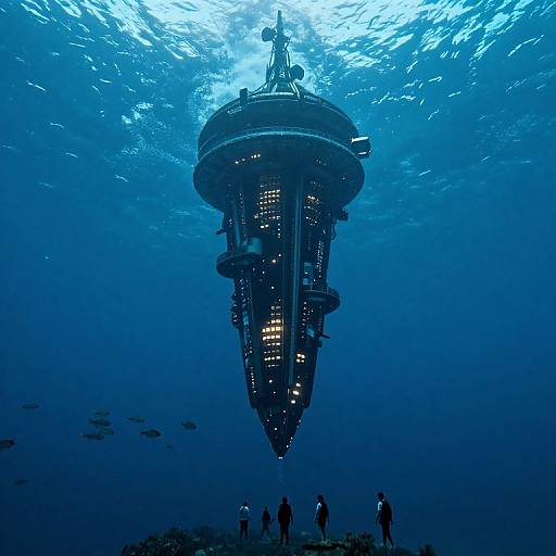 Photograph of a futuristic, floating cityscape illuminated at night, seen from below in a deep blue underwater scene with small silhouetted figures at