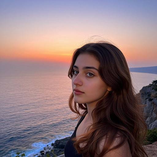 Photograph of a young woman with long brown hair, fair skin, and blue eyes, standing by a rocky cliff at sunset, with a colorful sky