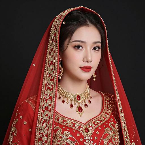 Photograph of an East Asian woman in traditional red bridal attire with gold embroidery, veil, red jewelry, and red lipstick, against a black background.
