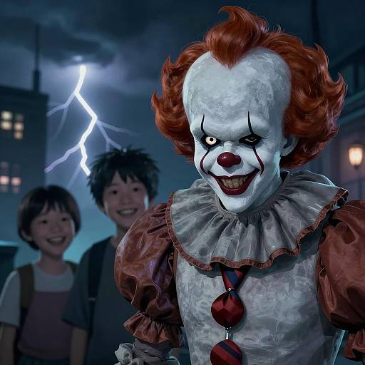 Digital Illustration of Pennywise the Clown with Children and Stormy Cityscape