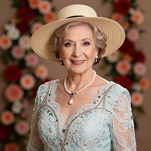 Photograph of an elegant elderly woman with short gray hair, wearing a light blue lace dress, pearl necklace, and straw hat, smiling against a blurred
