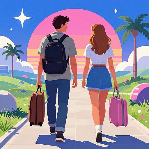 Digital illustration of a couple walking away from a vibrant sunset, holding suitcases, wearing casual clothes, with palm trees and colorful sky.