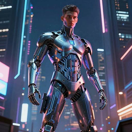 CGI image of a muscular, silver, cybernetic man with glowing neon lights in a futuristic cityscape, standing confidently.