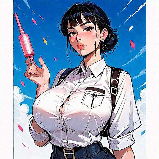 Digital anime-style drawing of a curvy woman with large breasts, wearing a white shirt, black suspenders, and holding a pink popsicle against a
