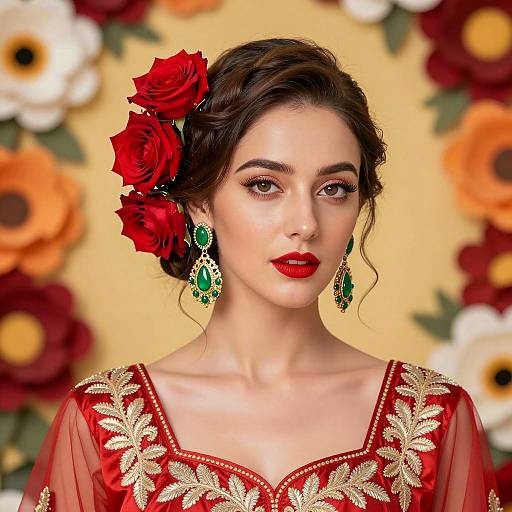 Elegant Woman with Roses and Embroidery