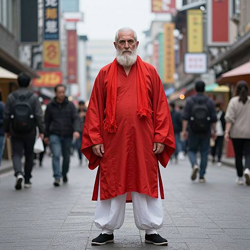 Photograph of an elderly white man with a white beard, wearing a bright red traditional Chinese robe and white pants, standing in a busy, brightly lit