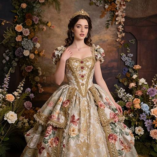 Photograph of a fair-skinned woman with dark curly hair, wearing a gold tiara, floral and gold-embroidered ball gown, standing