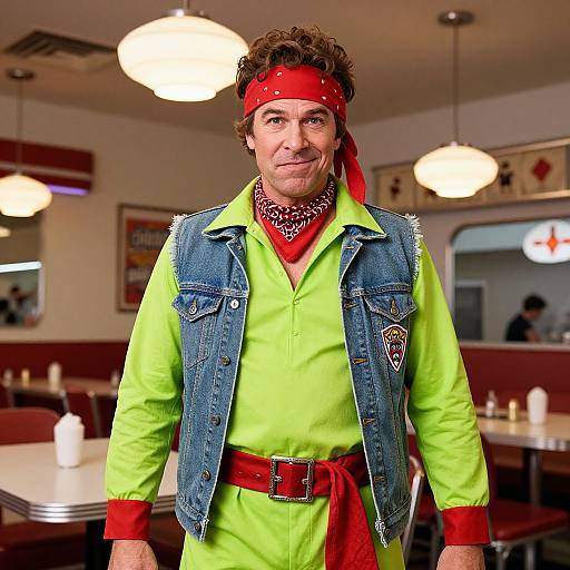 Photograph of a middle-aged man with curly brown hair, wearing a red bandana, neon green shirt, denim vest, red scarf, and red