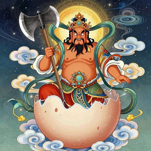 Digital art of a fierce, bearded deity with a crown, axe, and ornate robes, emerging from a cracked egg, surrounded by clouds and