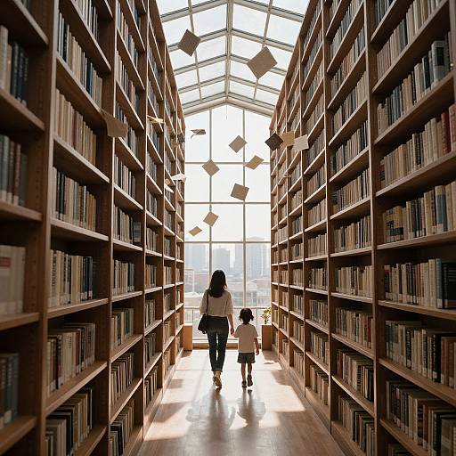 Photograph of a woman and child walking down a sunlit library aisle between tall wooden bookshelves, with floating paper shapes overhead.
