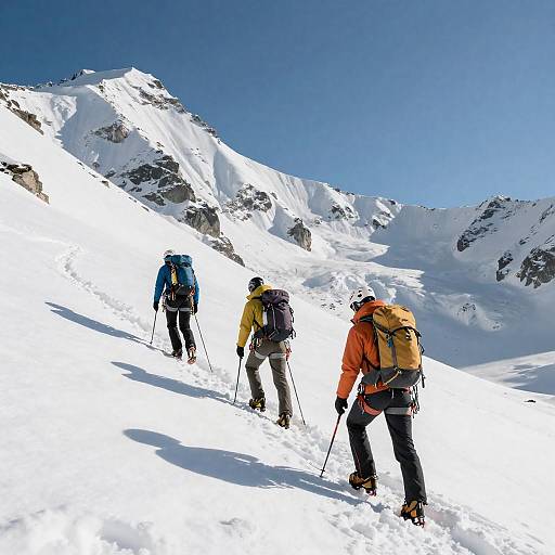 Three Climbers Ascending Snowy Mountain Slope