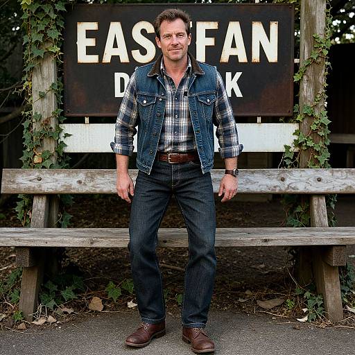 Photograph of a smiling middle-aged white man with short brown hair, wearing a denim vest, plaid shirt, dark jeans, and brown shoes,