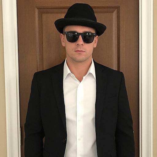 Photograph of a man in a black fedora, black sunglasses, black suit jacket, and white dress shirt, standing against a brown wooden door.