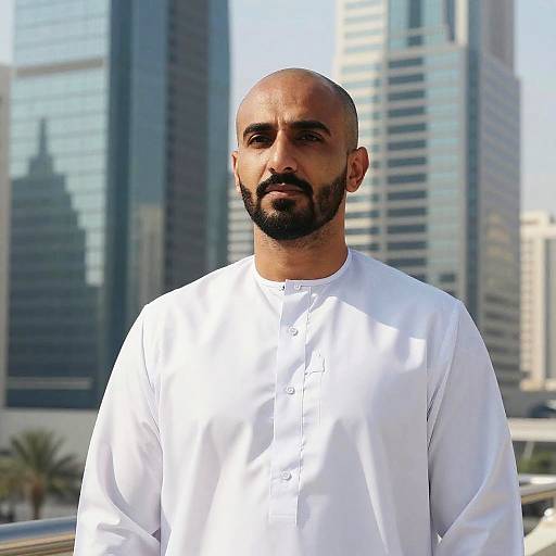 Photograph of a bald, bearded Middle Eastern man with dark skin wearing a white traditional long shirt, standing in front of modern skyscrapers.