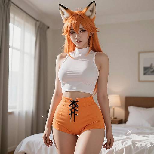 Anime Woman with Fox Ears in Sunlit Room