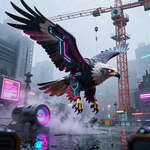 Digital artwork of a cybernetic eagle with glowing neon accents soaring over a futuristic, rainy cityscape with skyscrapers and cranes.