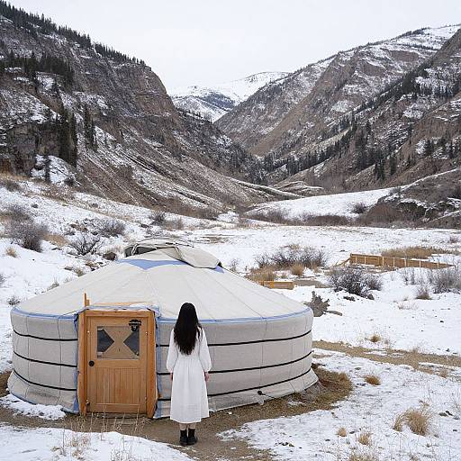 Woman in White Dress by Snowy Yurt